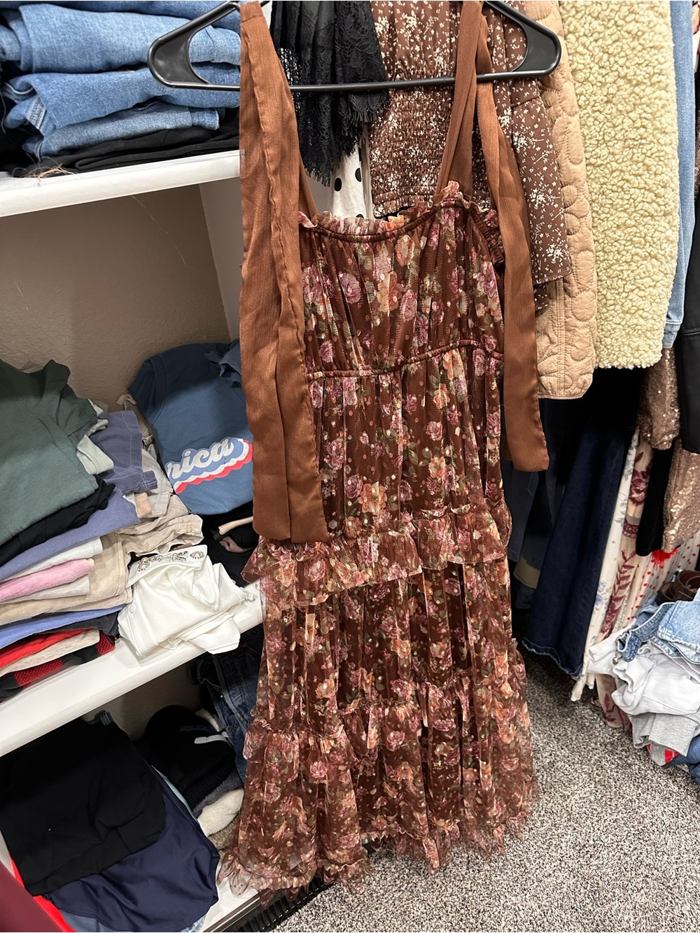 Brown Floral Tiered Midi Dress with bow straps